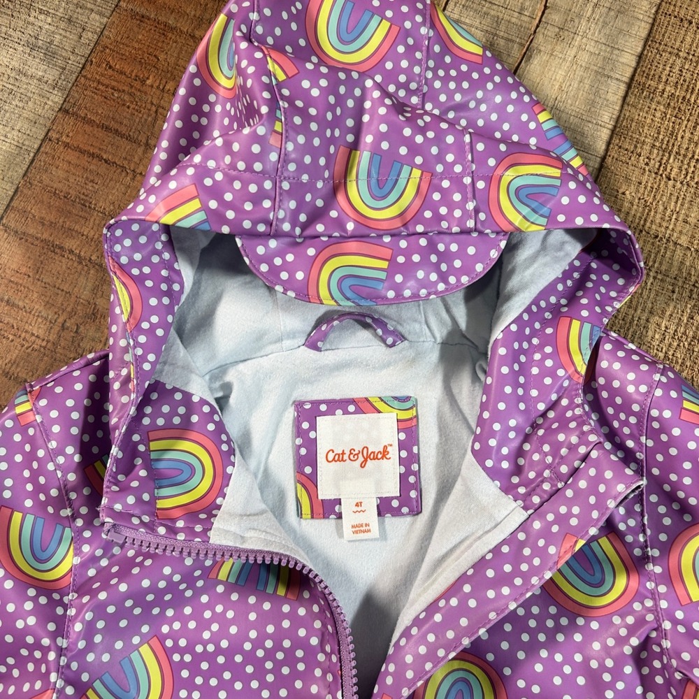 Cat & Jack Purple Rainbow Polka Dot Hooded Raincoat Water Resistant Jacket 4T - Picture 4 of 6